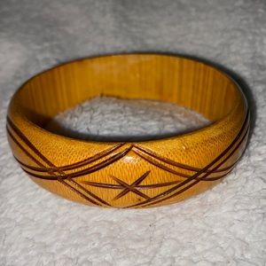 Vintage Solid Engraved Wooden Bangle Bracelet-Light Wood w/Dark Engraved Design